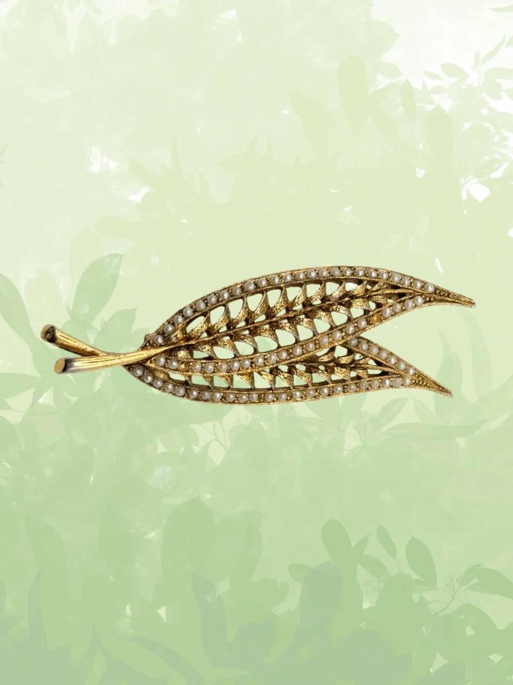 Vintage Gold-tone Double Leaf Brooch With Faux Pearls - 2 1/2